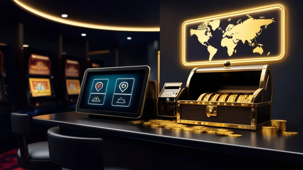 Casino eligibility scene with ID check icons and a locked treasure chest