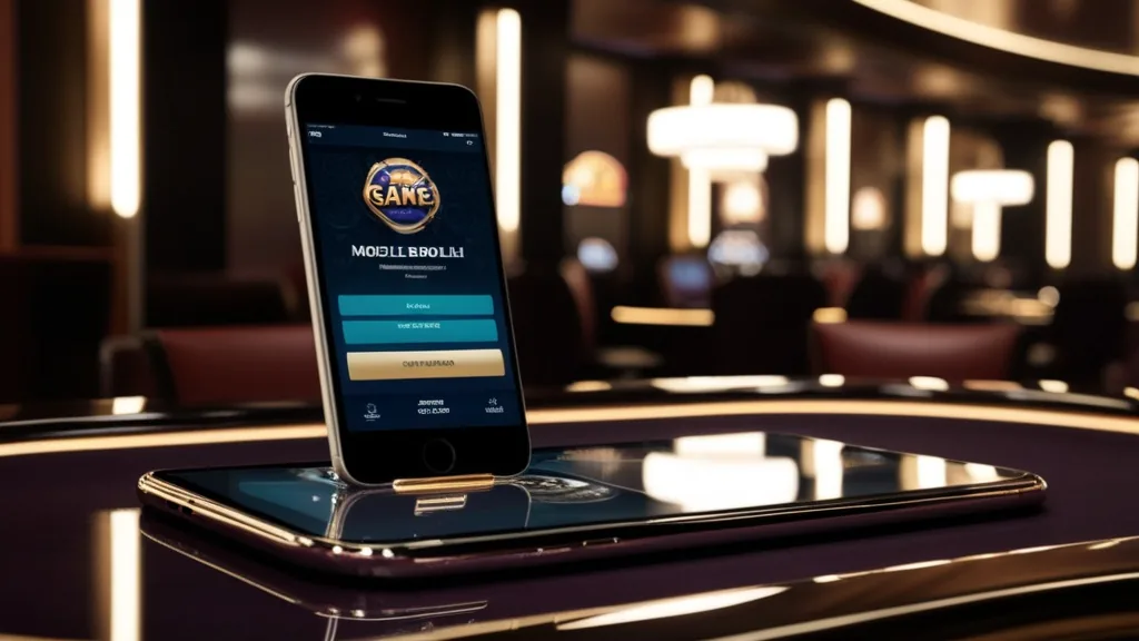A smartphone showing a casino app download page in a dark neon-lit casino setting