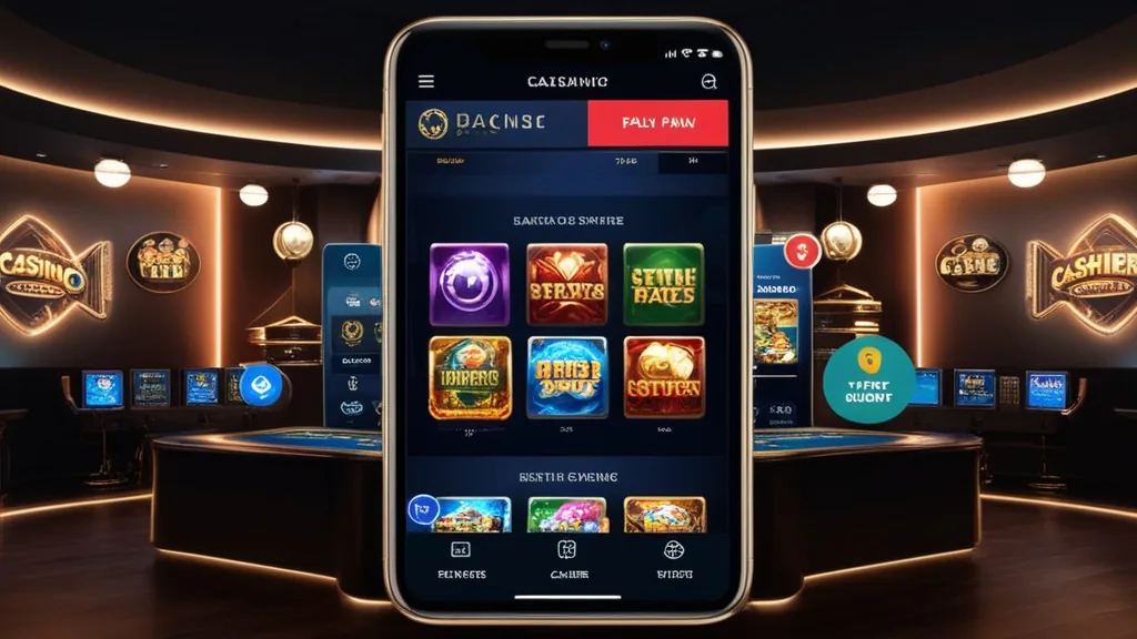 A mobile casino lobby showing game tiles, rewards, cashier, and support features