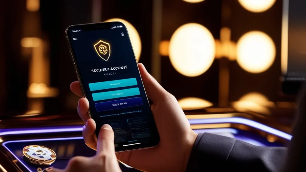 A smartphone login screen in a dark casino setting with secure access visuals