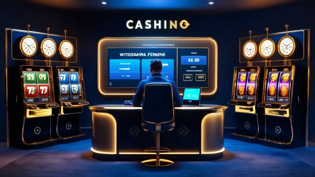 Pending casino withdrawal screen with clocks and slot reels in a dark gaming room