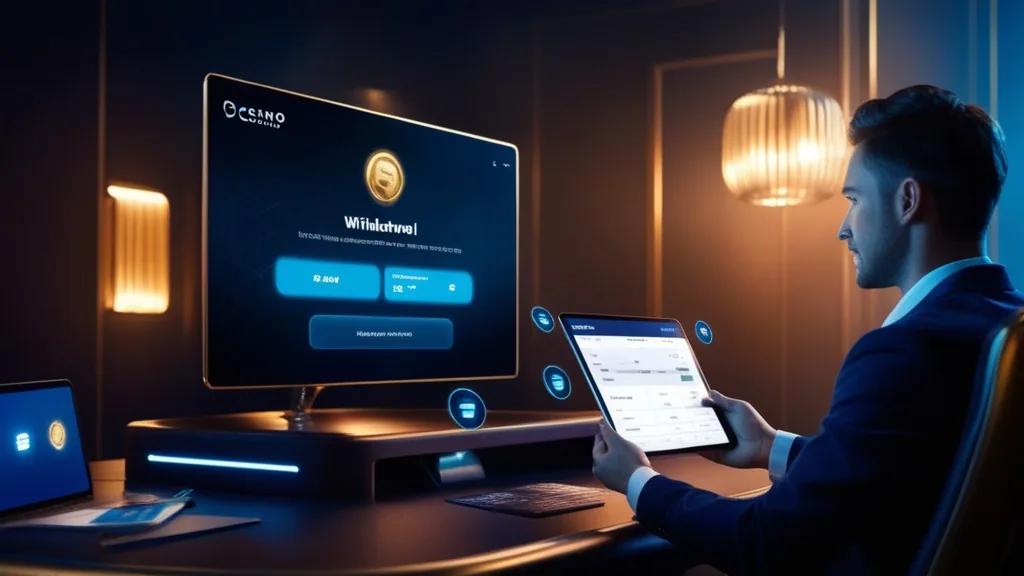 Player discussing a pending casino withdrawal with support in a dark cashier room