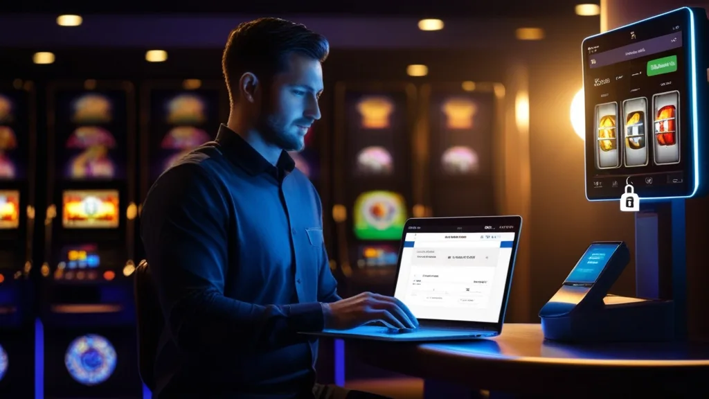 Player completing identity verification for a casino withdrawal in a dark secure setting