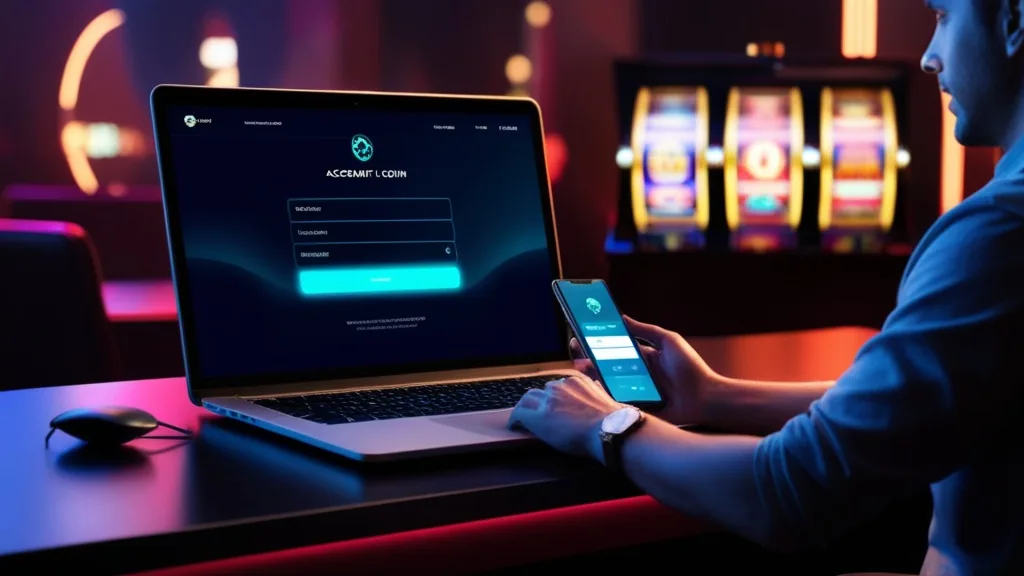 Laptop and smartphone showing a casino login screen in a dark neon-lit room