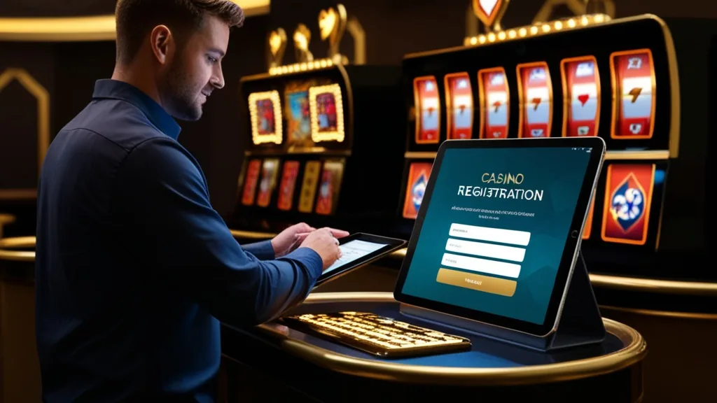 Player filling out a casino registration form beside glowing slot imagery
