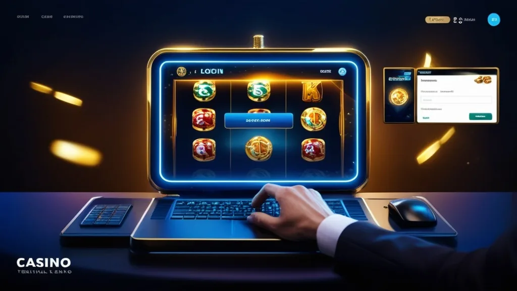 Casino login screen with verification step in a dark blue and gold scene