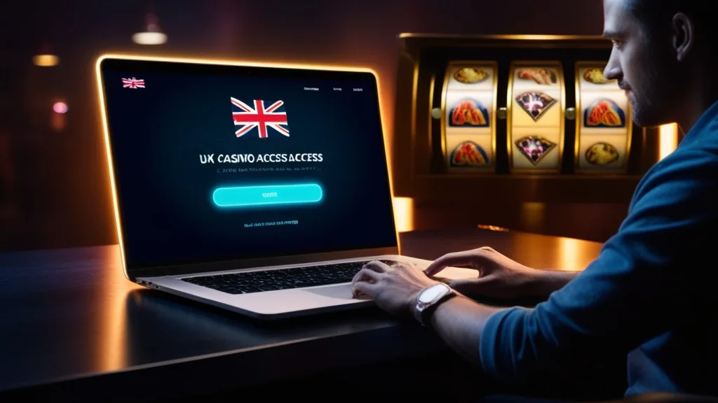 UK casino login screen with region settings on a laptop in a dark scene