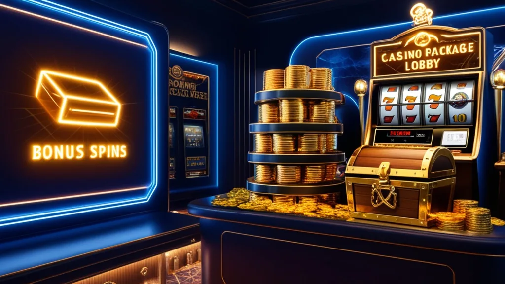 Welcome offer package displayed in a dark casino lobby with gold coins